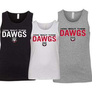 Rossville How 'Bout Them Dawgs youth jersey tank in white, athletic heather, and black with Dawgs text and bulldog mascot

