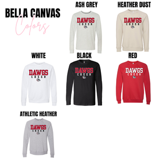 Bella Canvas Dawgs Cheer top color chart showing Ash Grey long sleeve, Heather Dust crewneck, White crewneck, Black long sleeve, Red crewneck, Athletic Heather crewneck with bold red DAWGS varsity letters, black CHEER spaced text, bulldog mascot