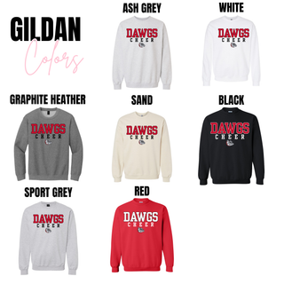 Gildan Dawgs Cheer top color chart showing Ash Grey, White, Graphite Heather, Sand, Black, Sport Grey, Red crewnecks with bold red DAWGS varsity letters, black CHEER spaced text, bulldog mascot