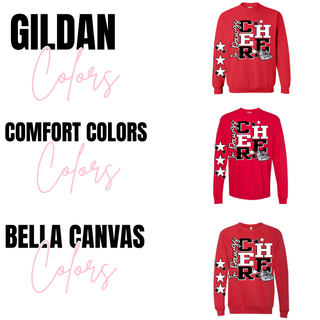 Rossville Jr. Bulldawgs Star Sleeve Cheer Shirt shown on Gildan crewneck, Comfort Colors long sleeve, and Bella Canvas hoodie