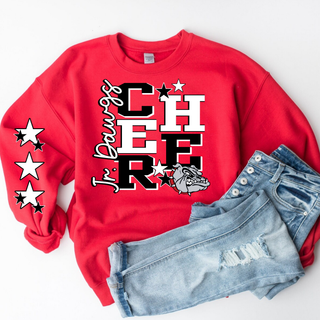 Red crewneck sweatshirt with Jr. Dawgs CHEER stacked letter design, bulldog mascot, and star sleeve detail styled with jeans