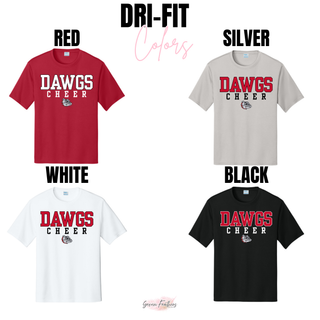 Dri-Fit performance tee color chart showing Red with white lettering, Silver with red lettering, White with red lettering, Black with red lettering, all with DAWGS CHEER bulldog mascot design by Seven Feathers