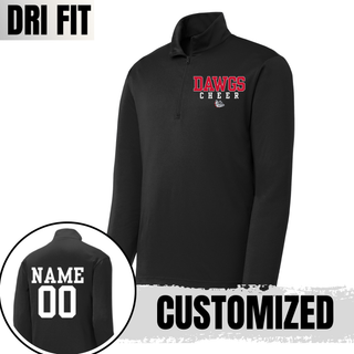 Black Dri-Fit performance quarter zip with red DAWGS varsity letters, white CHEER spaced text, bulldog mascot on front. Inset shows back with customized NAME and 00 in white varsity font, CUSTOMIZED label