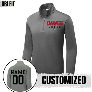 Grey Dri-Fit performance quarter zip with red DAWGS varsity letters, black CHEER spaced text, bulldog mascot on front. Inset shows back with customized NAME and 00 in black varsity font, CUSTOMIZED label
