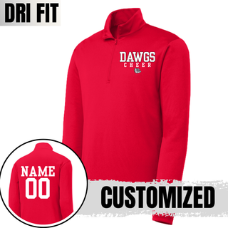 Red Dri-Fit performance quarter zip with white DAWGS varsity letters, white CHEER spaced text, bulldog mascot on front. Inset shows back with customized NAME and 00 in white varsity font, CUSTOMIZED label