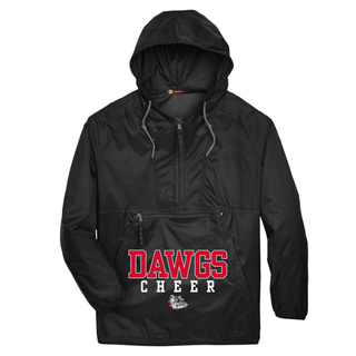 Black Rossville Jr Bulldawgs Varsity Dawgs Cheer Harriton packable nylon jacket with red DAWGS block text, white CHEER letters, and bulldog graphic on front