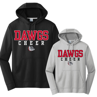 Black and Silver performance hoodies with red DAWGS varsity block letters, CHEER spaced text, bulldog mascot on front, kangaroo pocket, drawstring hood