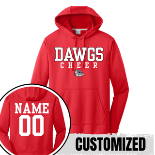 Red performance hoodie with white DAWGS varsity letters, white CHEER spaced text, bulldog mascot on front. Inset shows back with customized NAME and 00 in white varsity font