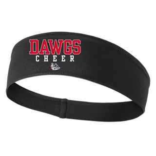 Black PosiCharge moisture wicking athletic headband with red DAWGS varsity letters, white CHEER spaced text, bulldog mascot, tapered back for secure fit