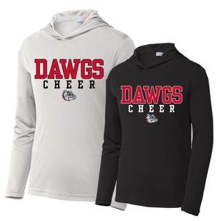 Silver and Black Sport-Tek PosiCharge Competitor Hooded Pullovers with red DAWGS varsity block letters, CHEER spaced text, bulldog mascot, lightweight hooded design