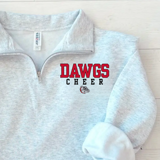 Ash Grey 1/4 zip pullover with red DAWGS varsity block letters, CHEER spaced text, bulldog mascot on left chest, cadet collar, cuffed sleeve detail
