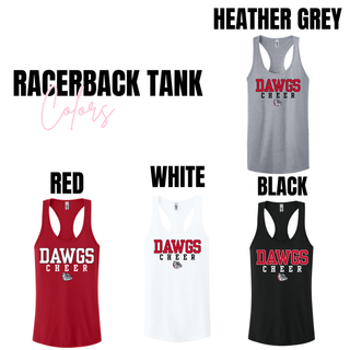 Racerback Tank color chart showing Red, White, Heather Grey, and Black tanks with DAWGS CHEER bulldog mascot design