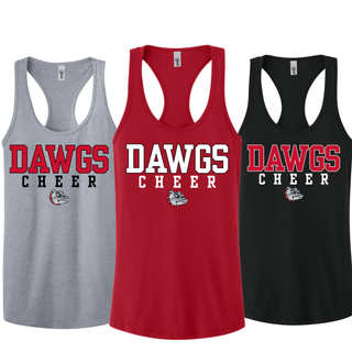 Heather Grey, Red, and Black racerback tanks with DAWGS varsity block letters, CHEER spaced text, bulldog mascot on chest, slim athletic fit with curved hem