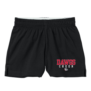 Black jersey knit squad shorts with red DAWGS varsity letters, white CHEER spaced text, bulldog mascot on left leg hem, elastic waistband with white drawstring