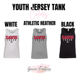 Youth Jersey Tank color chart showing White, Athletic Heather, and Black tanks with red DAWGS varsity letters, CHEER spaced text, bulldog mascot by Seven Feathers Boutique