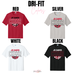 Rossville Jr Dawgs Cheer Pom Dri Fit styles in Red, Silver, White, and Black with Jr Dawgs Cheer text and pom pom graphic, available in short sleeve tee and long sleeve

