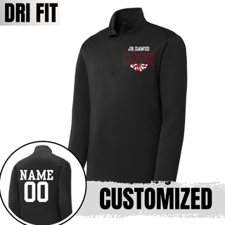 Black Rossville Jr Dawgs Cheer Pom Dri Fit performance quarter zip front view with white JR DAWGS, red outlined CHEER, white and red pom pom graphic and customized back view showing NAME 00 in white