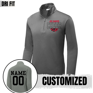 Grey Rossville Jr Dawgs Cheer Pom Dri Fit performance quarter zip front view with red JR DAWGS, black outlined CHEER, red and black pom pom graphic and customized back view showing NAME 00 in black