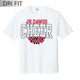 White Rossville Jr Dawgs Cheer Pom Dri Fit short sleeve tee with red Jr Dawgs text, outlined Cheer letters, and red and black pom pom graphic