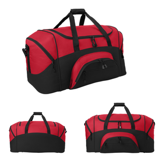 Rossville Jr Dawgs Cheer Pom duffel bag angle views showing D-shaped main compartment, zippered end pockets, front pockets, padded handle, and side profile