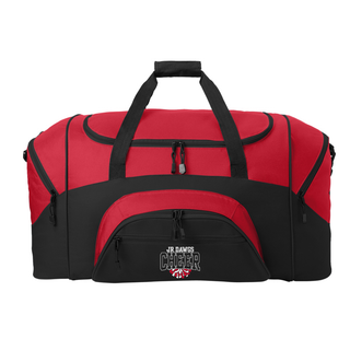 Red and black Rossville Jr Dawgs Cheer Pom duffel bag front view with white Jr Dawgs Cheer text and red and white pom pom graphic on front pocket