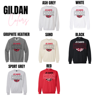 Gildan Rossville Jr Dawgs Cheer crewneck sweatshirts in Ash Grey, White, Graphite Heather, Sand, Black, Sport Grey, and Red