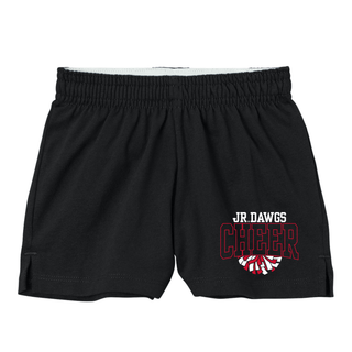 Black Rossville Jr Dawgs Cheer Pom jersey knit squad shorts front view with white JR DAWGS block text, red outlined CHEER letters, and red and white pom pom graphic on left leg