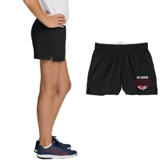 Side view of black Rossville Jr Dawgs Cheer Pom jersey knit squad shorts showing form fitting cut, 1 inch side vents, and red outlined CHEER with pom pom graphic


