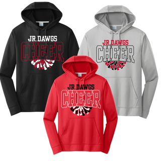 Rossville Jr Dawgs Cheer Pom performance hoodies in Black Silver and Red with JR DAWGS text, outlined CHEER letters, and pom pom graphic on front