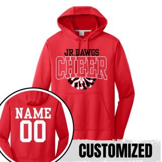 Red Rossville Jr Dawgs Cheer Pom performance hoodie front view with black JR DAWGS, white outlined CHEER, black and white pom pom graphic and customized back view showing NAME 00 in white
