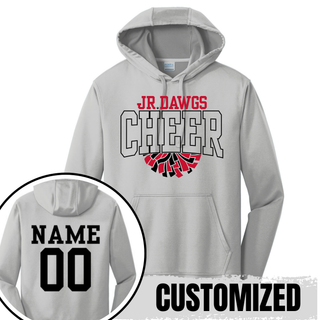 Silver Rossville Jr Dawgs Cheer Pom performance hoodie front view with red JR DAWGS, black outlined CHEER, red and black pom pom graphic and customized back view showing NAME 00 in black