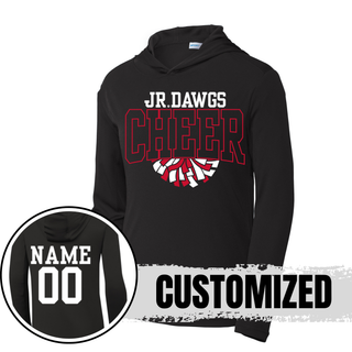 Black Rossville Jr Dawgs Cheer Pom PosiCharge Competitor Pullover Hoodie front view with white JR DAWGS, red outlined CHEER, white and red pom pom graphic and customized back view showing NAME 00 in white