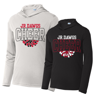 Black and Silver Rossville Jr Dawgs Cheer Pom PosiCharge Competitor Pullover Hoodies with JR DAWGS text, outlined CHEER letters, and pom pom graphic on front