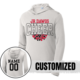 Silver Rossville Jr Dawgs Cheer Pom PosiCharge Competitor Pullover Hoodie front view with red JR DAWGS, black outlined CHEER, red and black pom pom graphic and customized back view showing NAME 00 in black