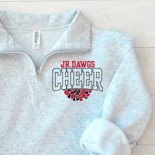 Ash Grey Rossville Jr Dawgs Cheer Pom Jerzees quarter zip pullover flat lay with red JR DAWGS text, white outlined CHEER letters, and red and black pom pom graphic on left chest
