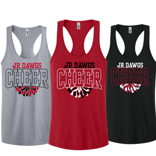 Rossville Jr Dawgs Cheer Pom Racerback Tanks in Heather Grey Red and Black with JR DAWGS text, outlined CHEER letters, and pom pom graphic on front