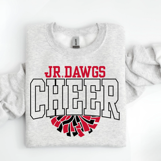 Ash Grey crewneck sweatshirt with red Rossville Jr Dawgs block letters, paw print detail, oversized outlined Cheer text, red and black pom pom graphic