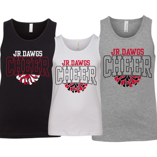 Rossville Jr Dawgs Cheer Pom Youth Jersey Tanks in Black White and Athletic Heather with JR DAWGS text, outlined CHEER letters, and pom pom graphic on front
