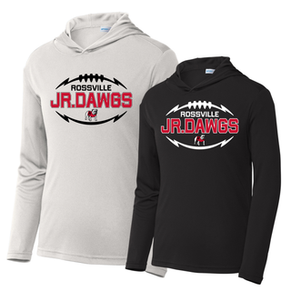 Silver and Black Sport-Tek PosiCharge Competitor hoodies with ROSSVILLE JR. DAWGS football laces design and bulldog mascot in red, white, and black