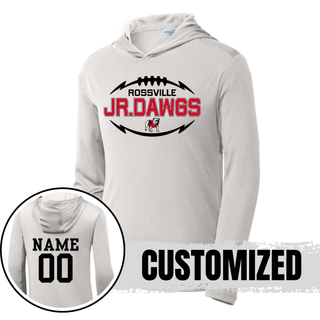 Silver Sport-Tek PosiCharge Competitor hoodie with ROSSVILLE JR. DAWGS football design on front and customized NAME 00 on back