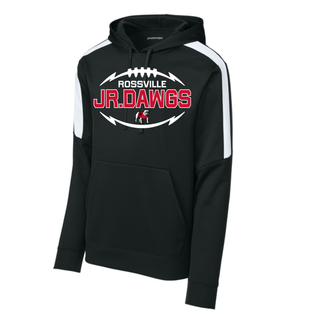 Black Sport-Tek Fan Favorite Hoodie with white contrast shoulder stripes and ROSSVILLE JR. DAWGS football laces design and bulldog mascot center chest