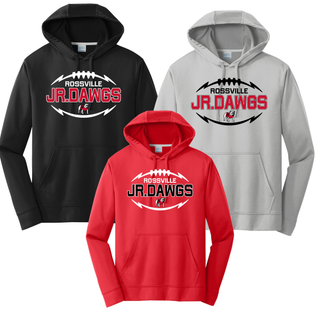 Black, Silver, and Red Port & Company Performance Hoodies with ROSSVILLE JR. DAWGS football laces design and bulldog mascot center chest