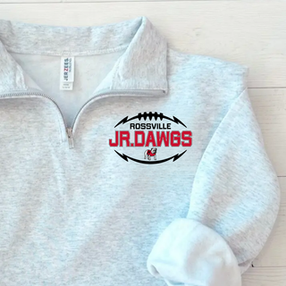 Ash Grey Jerzees Quarter-Zip Pullover with ROSSVILLE JR. DAWGS football laces design and bulldog mascot on left chest, flat lay on white wood background