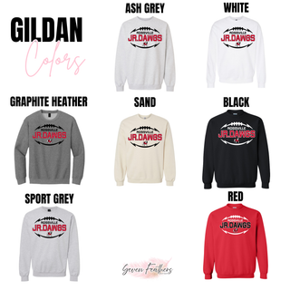 Rossville Jr. Dawgs Football Sideline Top on Gildan crewnecks in Ash Grey, White, Graphite Heather, Sand, Black, Sport Grey, and Red