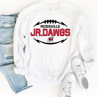 White crewneck with ROSSVILLE JR. DAWGS football laces design and bulldog mascot flat lay with light wash denim shorts and white sneakers