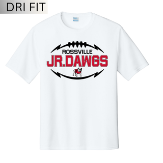 White Dri-Fit performance top with ROSSVILLE JR. DAWGS football laces design and bulldog mascot in red and black