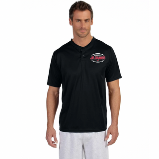 black Augusta two-button performance tee with rossville jr. dawgs oval football logo on left chest, worn by man
