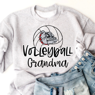 Grey Rossville Volleyball Dawg Grandma crewneck featuring a bulldog head over a volleyball with black, white, grey, and red lettering