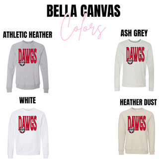 bella canvas long sleeve tees and crewneck sweatshirts in athletic heather, ash grey, white, and heather dust with rossville dawgs classic design