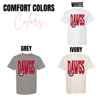 comfort colors short sleeve tees in white, grey, and ivory with rossville dawgs classic mascot design